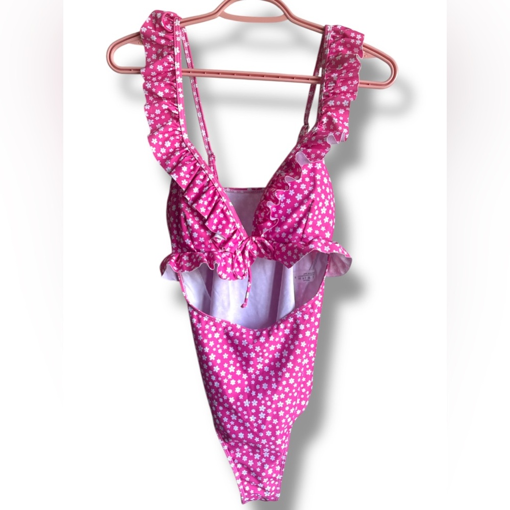 SHEIN Ditsy Ruffle Trim Cut-Out One-Piece Pink & White Swimsuit